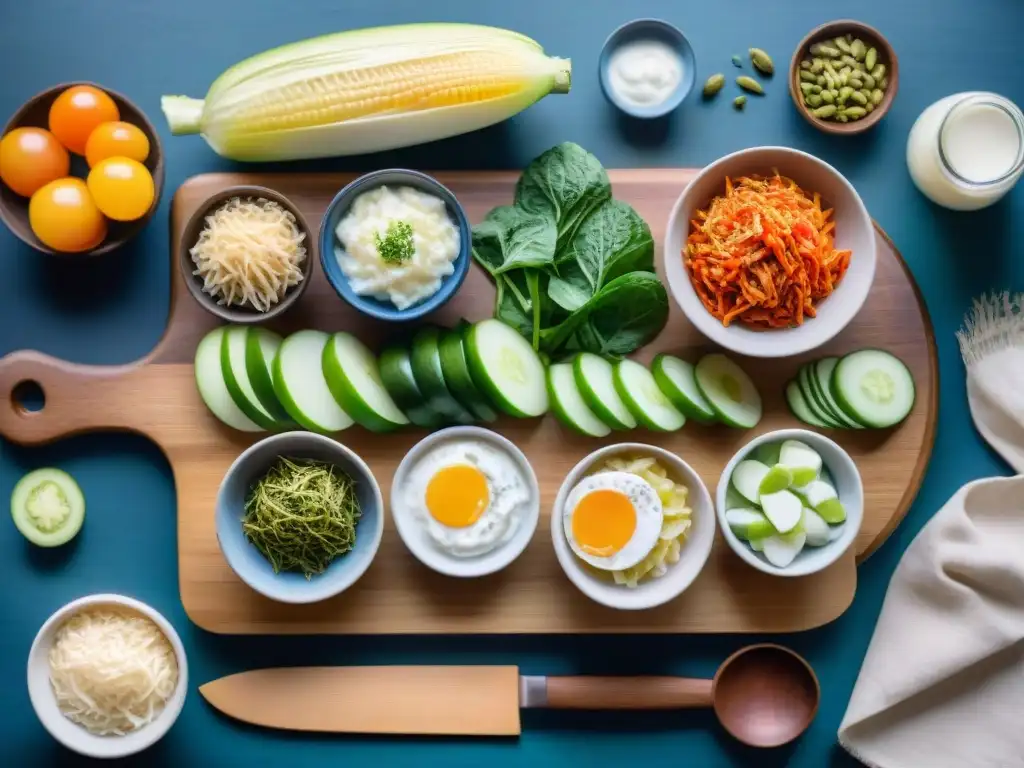 Delicias fermentadas: sauerkraut, kimchi, kombucha y yogurt en acuarela Deliciosos snacks fermentados para salud intestinal dispuestos artísticamente en una tabla de cortar de madera
