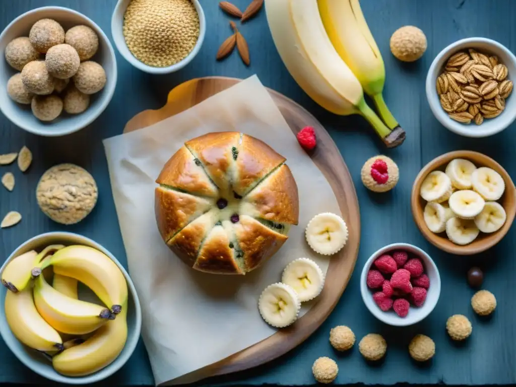 Deliciosos snacks sin gluten: pintura acuarela detallada Deliciosos snacks sin gluten en detallada acuarela: energéticas bolitas, galletas de semillas y pan de plátano en mesa rústica