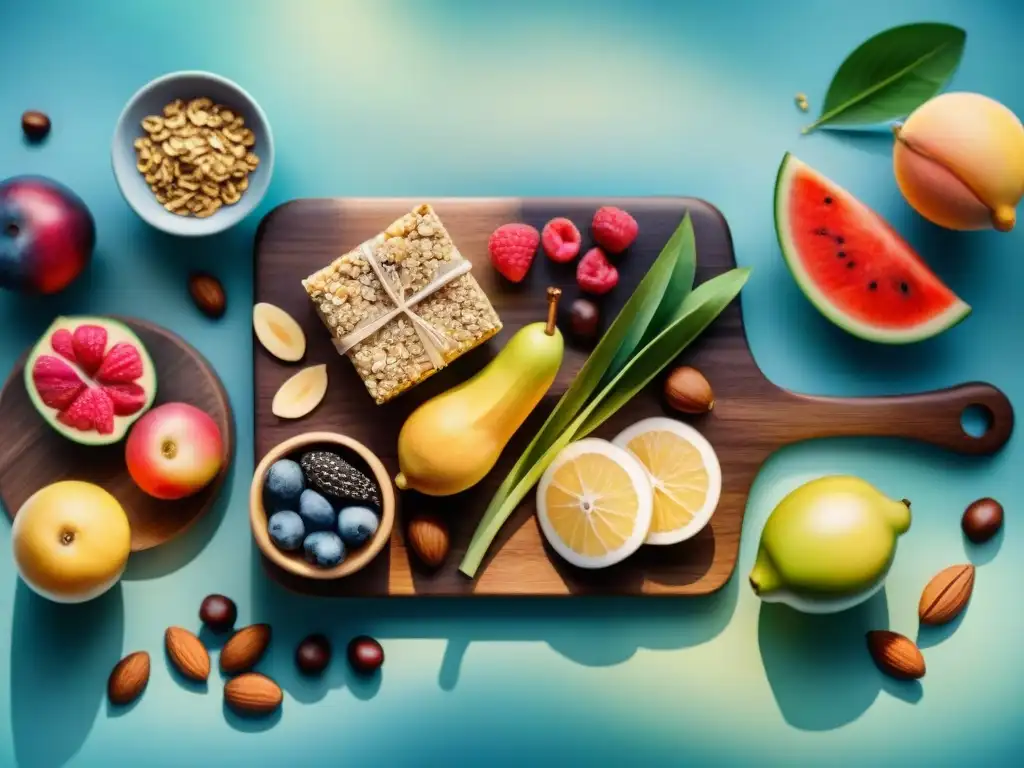 Deliciosos snacks orgánicos: frescura y color en una ilustración acuarela Deliciosos snacks orgánicos que promueven el bienestar, con frutas frescas, nueces y barras de granola en una tabla de madera