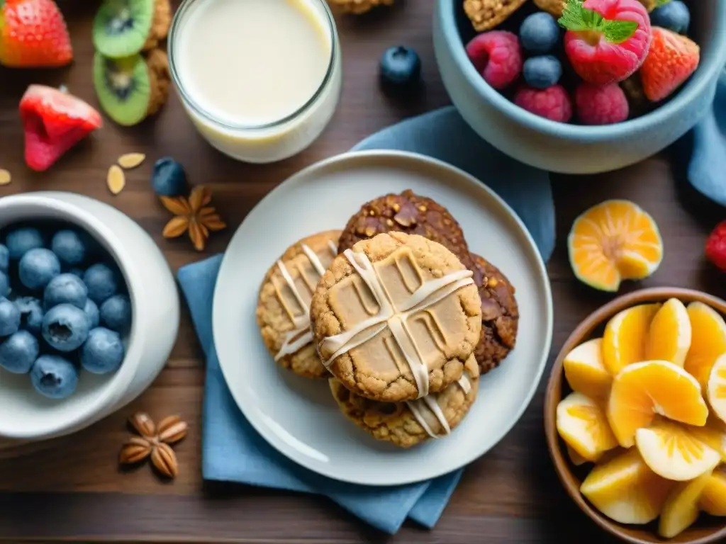 Deliciosos snacks de avena para niños: ilustración detallada en acuarela Deliciosos snacks saludables de avena para niños con frutas frescas y leche en una mesa de madera