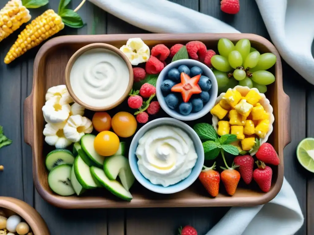 Deliciosos snacks saludables: frutas, vegetales y yogurt Deliciosos snacks saludables bajos calorías: frutas, vegetales, palomitas y yogurt con bayas en un plato de madera