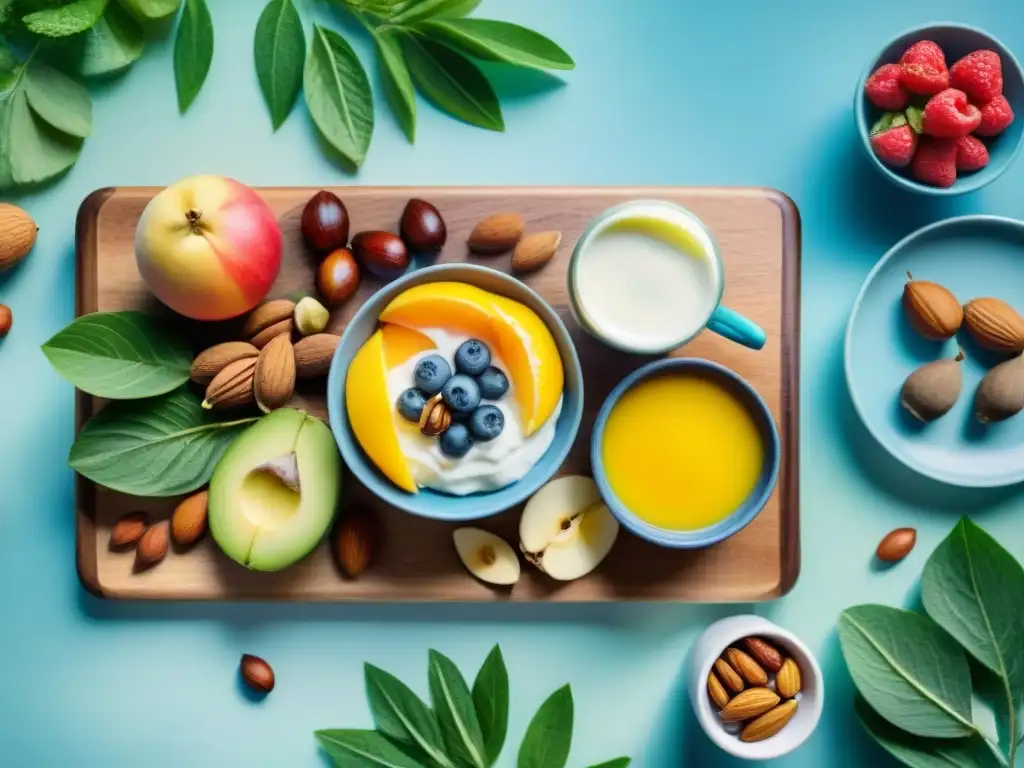 Deliciosa variedad de snacks saludables en acuarela Deliciosos snacks saludables para controlar calorías en tabla de madera con frutas, nueces y yogur frescos, rodeados de vegetación