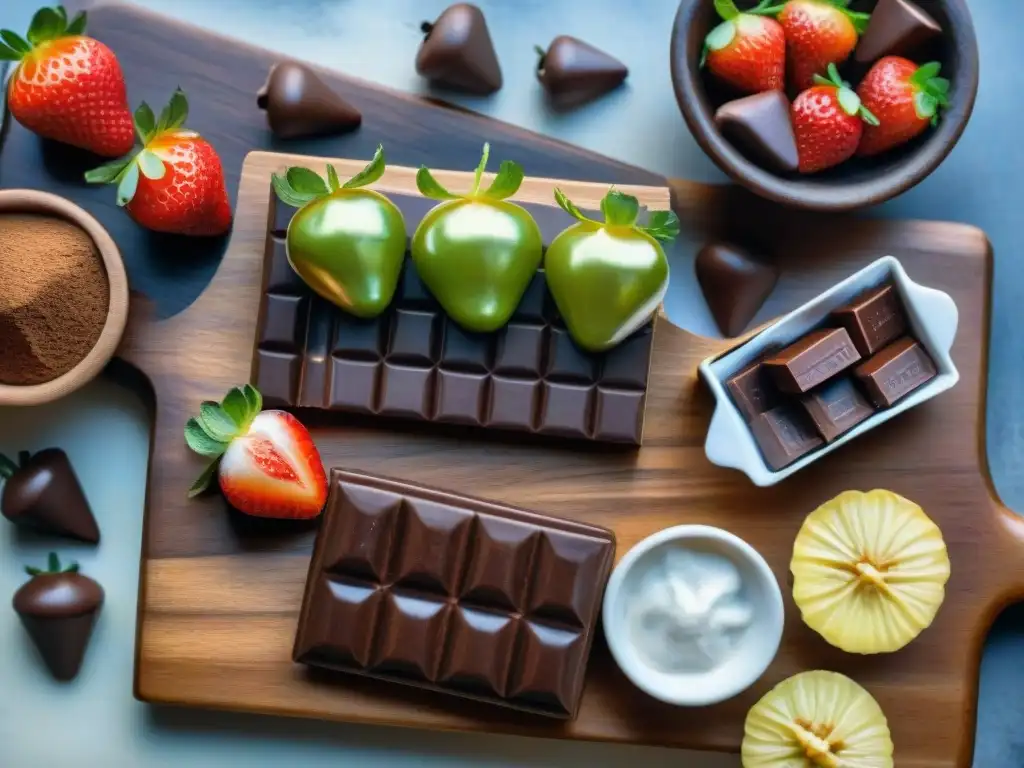 Deliciosos snacks de chocolate en acuarela Deliciosos snacks saludables con chocolate en acuarela, tentación vibrante y detallada en tabla de madera