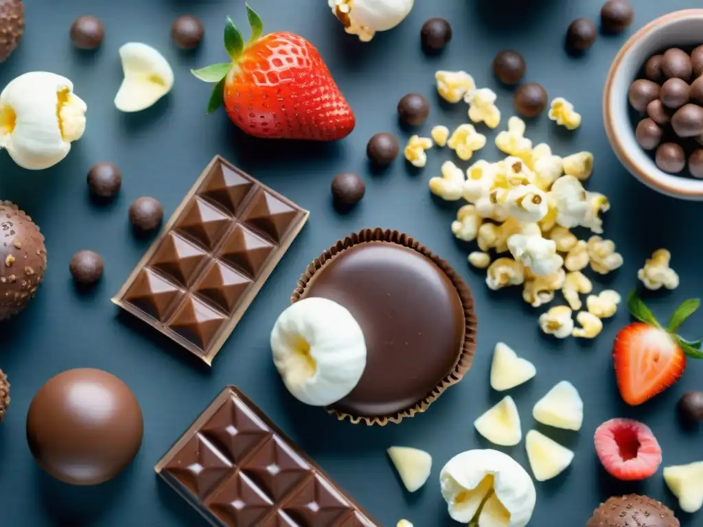 Delicias de chocolate saludable: ilustración acuarela detallada Deliciosos snacks saludables con chocolate: almendras, energy balls, fresas y palomitas, en acuarela detallada