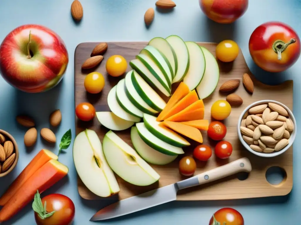 Bodegón de snacks saludables: manzanas, zanahorias y almendras Deliciosos snacks saludables prevención diabetes tipo 2 en acuarela