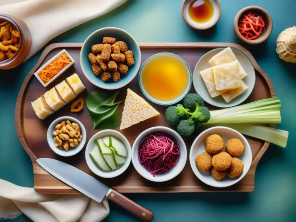 Deliciosos bocados fermentados: kimchi, kombucha y más Deliciosos snacks saludables fermentados en detallada acuarela, vibrantes y texturizados en plato de madera