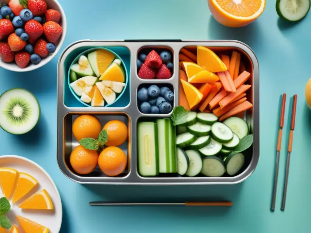Bento box con snacks frescos y coloridos Deliciosos snacks saludables con fiambreras en acuarela detallada y vibrante