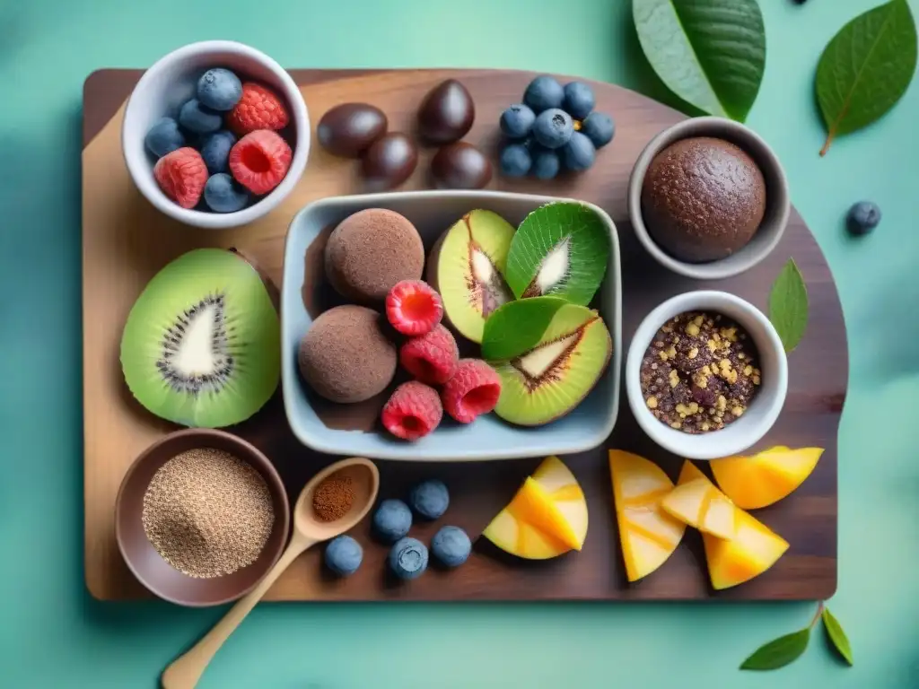 Deliciosos snacks saludables con cacao en acuarela Deliciosos snacks saludables hechos con cacao puro, rodeados de hojas verdes y bayas, resaltando los beneficios de estos ingredientes