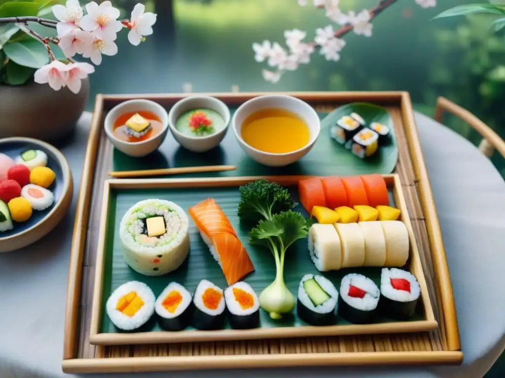 Deliciosos bocados asiáticos en acuarela Deliciosos snacks saludables inspirados en la dieta asiática en una pintura de acuarela detallada con sushi, bento, miso y té verde en bandeja de bambú