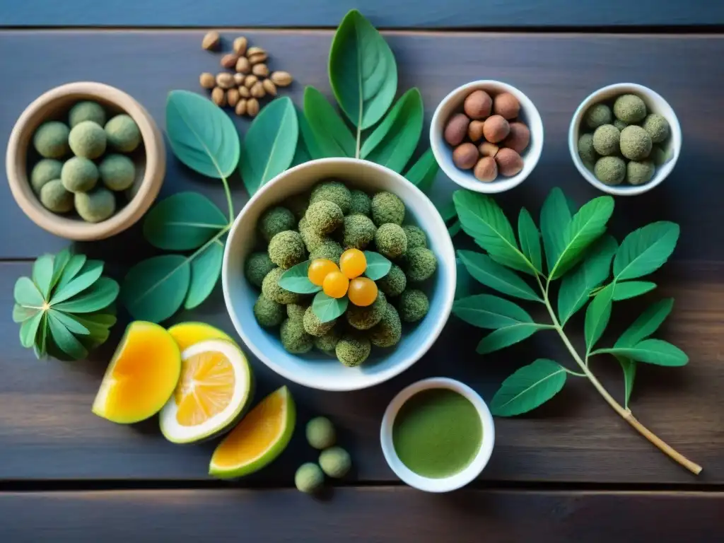 Deliciosos snacks saludables con moringa en acuarela Deliciosos snacks saludables con moringa: energéticas bolitas, barras de granola y smoothie bowls, en una mesa de madera
