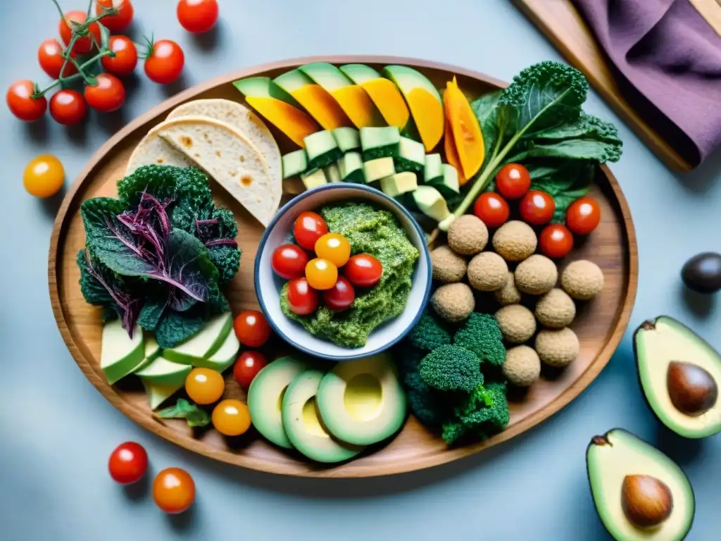 Deliciosos snacks veganos: coloridos y detallados Deliciosos snacks veganos fáciles preparar en una bandeja de madera con aguacate, frutas, hummus, kale chips y energy balls