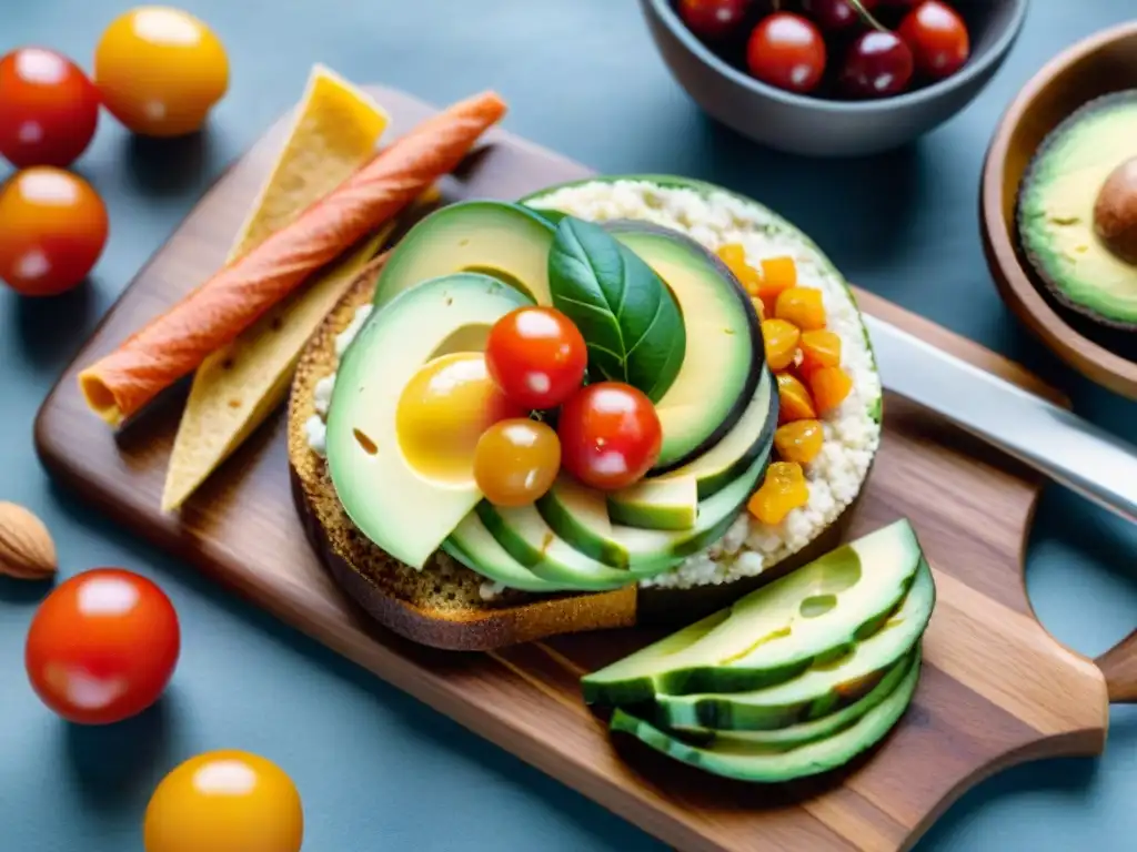 Deliciosos snacks veganos: ilustración en acuarela Deliciosos snacks veganos fáciles de preparar: aguacate, hummus, ensalada de quinoa y frutos secos, presentados en una tabla de madera