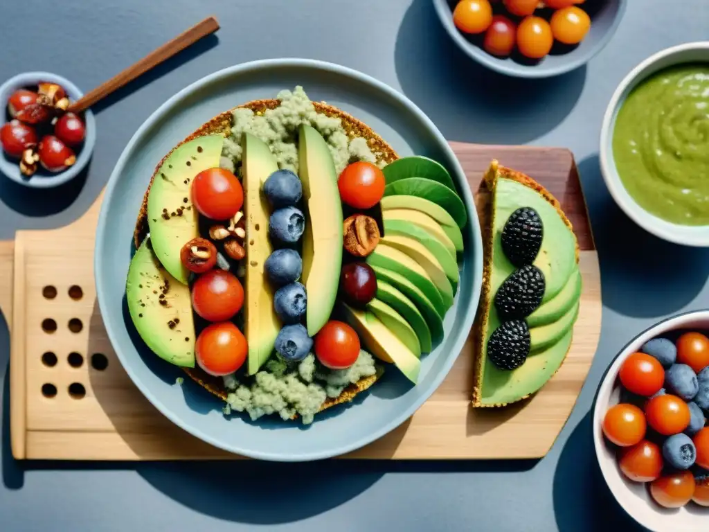 Deliciosos snacks veganos: frutas, aguacate y frutos secos Deliciosos snacks veganos saludables y equilibrados: brochetas de frutas, tostada de aguacate, chía pudding y frutos secos