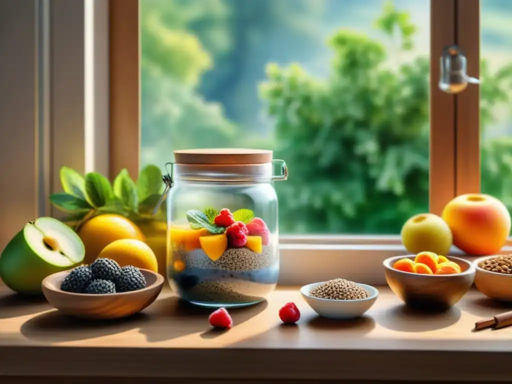 Desayuno saludable: ilustración acuarela en 8k Un desayuno apacible con pudin de chía receta saludable, frutas vibrantes y té herbal, bañados en luz matutina suave