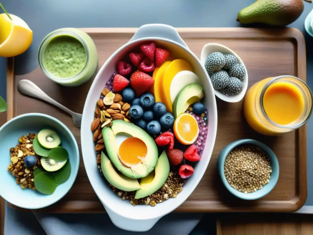 Desayuno saludable: ilustración acuarela vibrante en mesa de madera Un desayuno saludable para gente ocupada, con granola, chía, aguacate y smoothie, en una ilustración detallada en acuarela