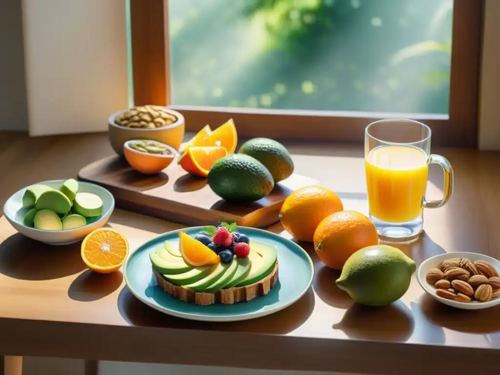 Un desayuno vibrante y saludable con frutas, frutos secos, aguacate, jugo de naranja y té verde