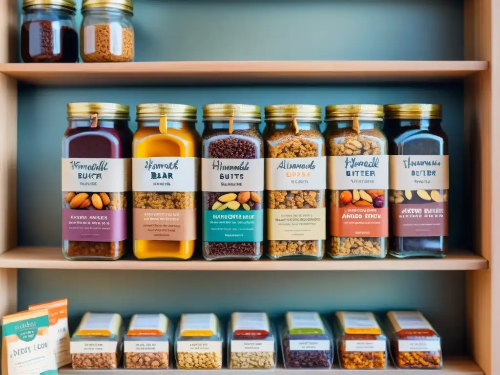 Barras energéticas caseras en despensa ordenada: detallada acuarela Una despensa ordenada con barras energéticas caseras saludables en sabores variados, etiquetadas a mano y rodeadas de frutos secos y semillas