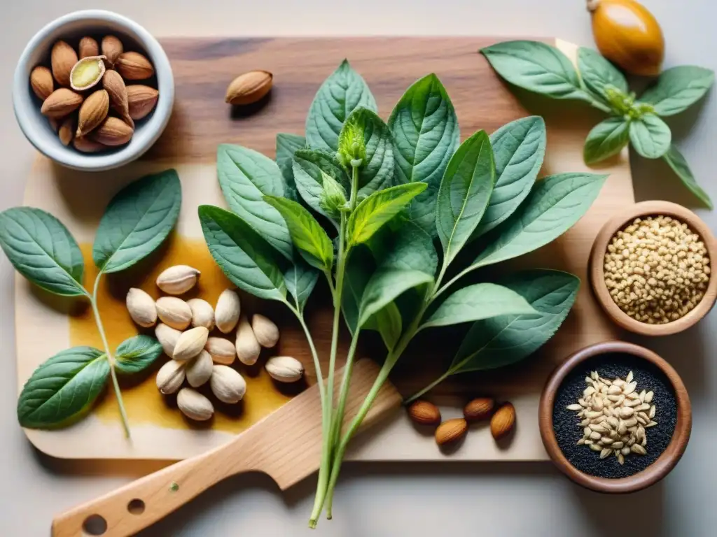 Arte en acuarela: adaptógenos coloridos en tabla de cortar Ilustración detallada en acuarela de adaptógenos coloridos como ashwagandha y albahaca santa en tabla de madera con nueces y semillas