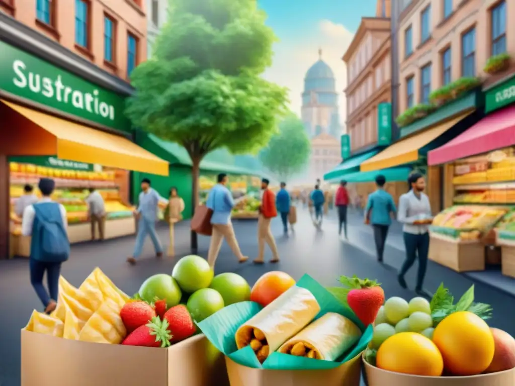 Escena urbana sostenible: vendedores de snacks y clientes eco-friendly Ilustración detallada en acuarela de una bulliciosa calle de la ciudad, vendedores de snacks en envases ecológicos