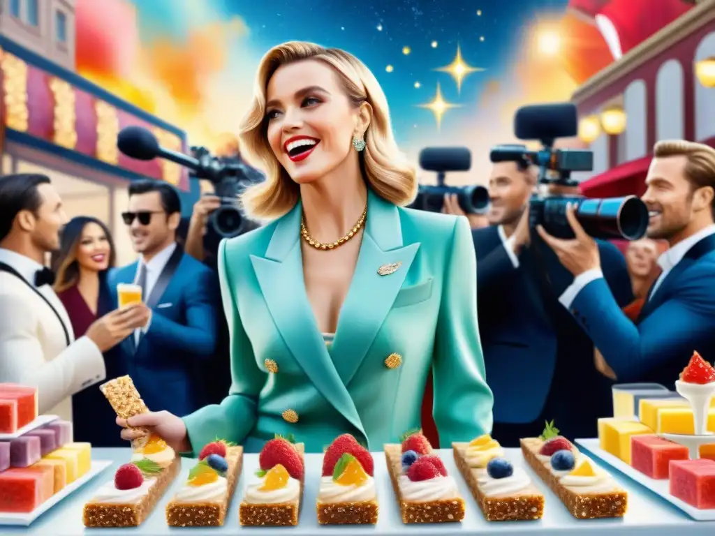 Estrellas de Hollywood en alfombra roja con barras energéticas saludables Ilustración detallada en acuarela de celebridades en alfombra roja de Hollywood, disfrutando de snacks saludables en evento de lujo