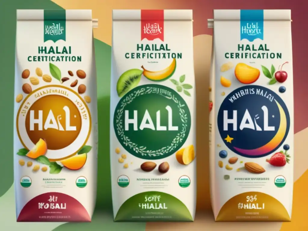 Detallada ilustración acuarela: certificaciones snacks saludables halal y kosher en envases resaltando símbolos y alimentos coloridos