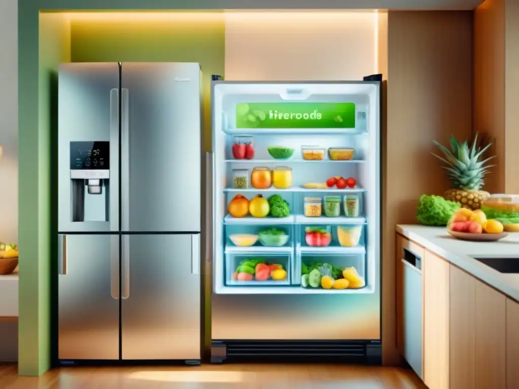 Refrigerador inteligente AI: snacks saludables en cocina futurista Ilustración detallada en acuarela de una cocina futurista con IA en snacks saludables