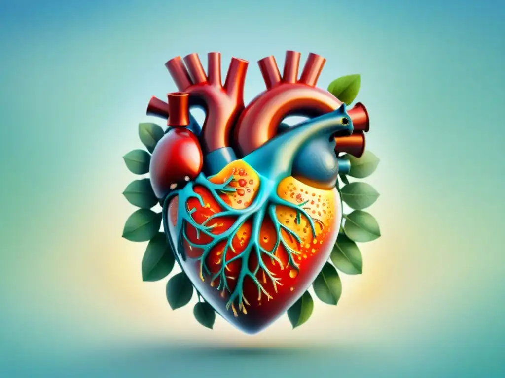 Ilustración detallada: Corazón vibrante rodeado de omega3 Ilustración detallada en acuarela de un corazón vibrante rodeado de moléculas de ácidos grasos omega 3, representando la relación entre el omega 3 y la salud del corazón