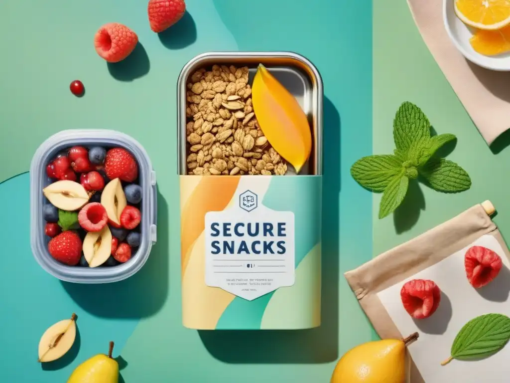 Comparación de envases reutilizables: acero inoxidable vs Ilustración detallada en acuarela de envases reutilizables para snacks saludables, con diseño minimalista y vibrantes patrones