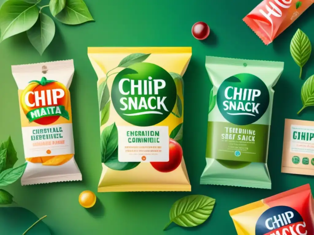 Packaging colorido vs Ilustración detallada en acuarela de envases de snacks coloridos entrelazados con hojas verdes, simbolizando la reducción del impacto ambiental