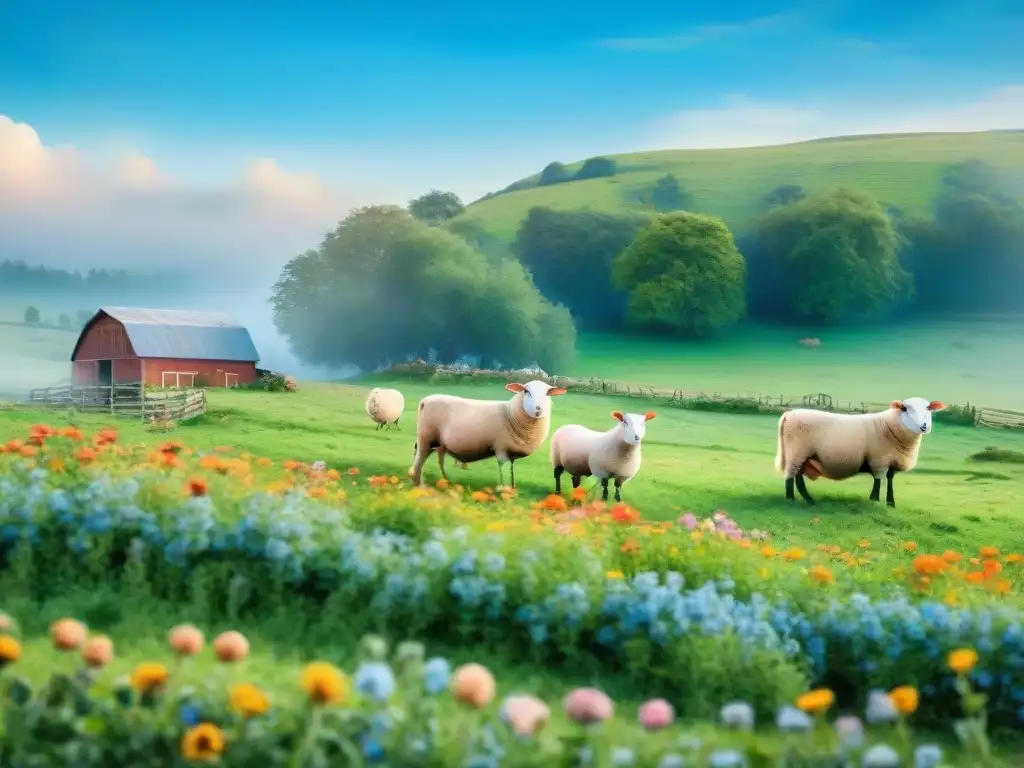 Granja armoniosa: animales felices y saludables en pastizales verdes Ilustración detallada en acuarela de una granja serena con animales felices y saludables pastando en praderas verdes bajo un cielo azul claro