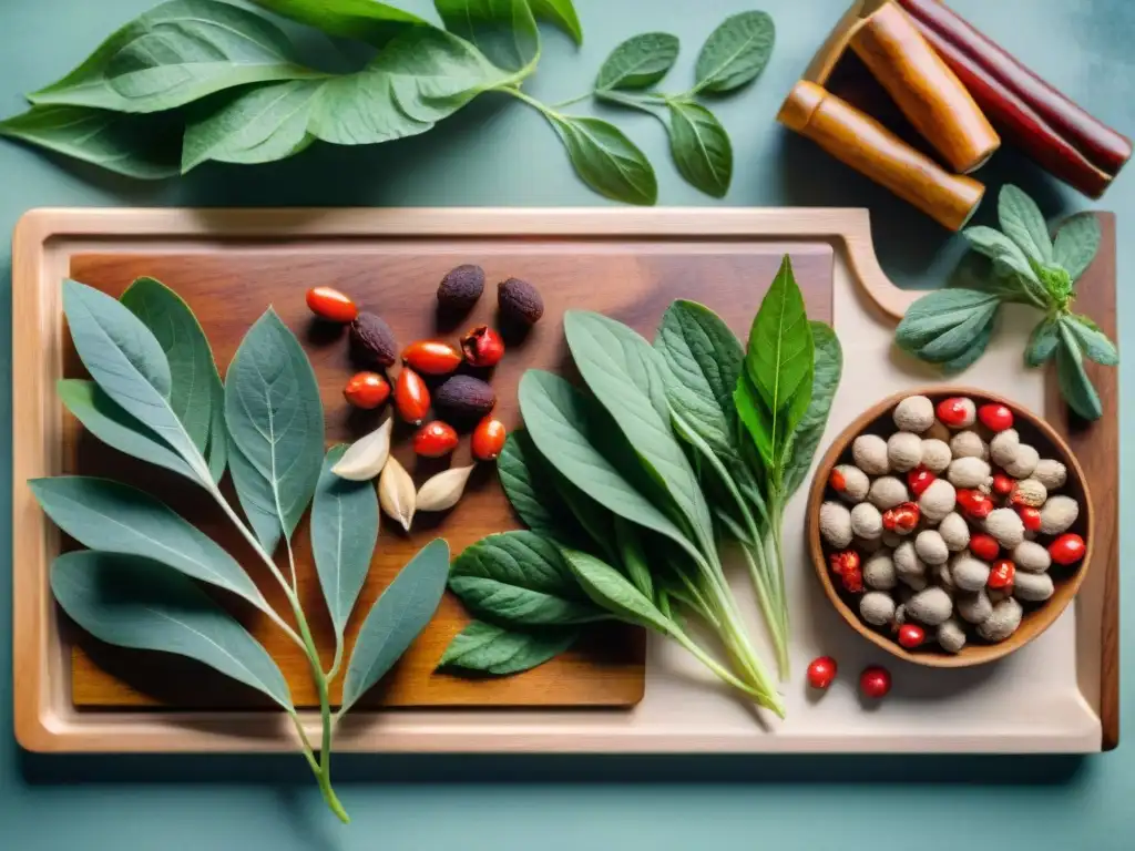 Mezcla vibrante de hierbas adaptógenas y superalimentos en acuarela Ilustración detallada en acuarela de hierbas adaptógenas y superalimentos en tabla de madera con hojas verdes