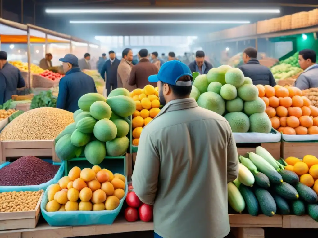 Mercado saludable: agricultores y productores colaboran en escena vibrante Ilustración detallada en acuarela de personas diversas trabajando juntas en un animado mercado, promoviendo certificaciones snacks saludables normativas