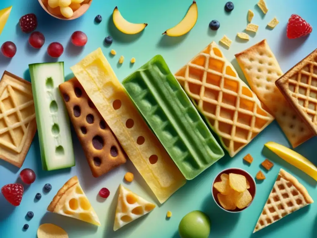 Deliciosas texturas de snacks innovadores en acuarela Ilustración detallada en acuarela de texturas innovadoras de snacks saludables creadas con tecnología de extrusión