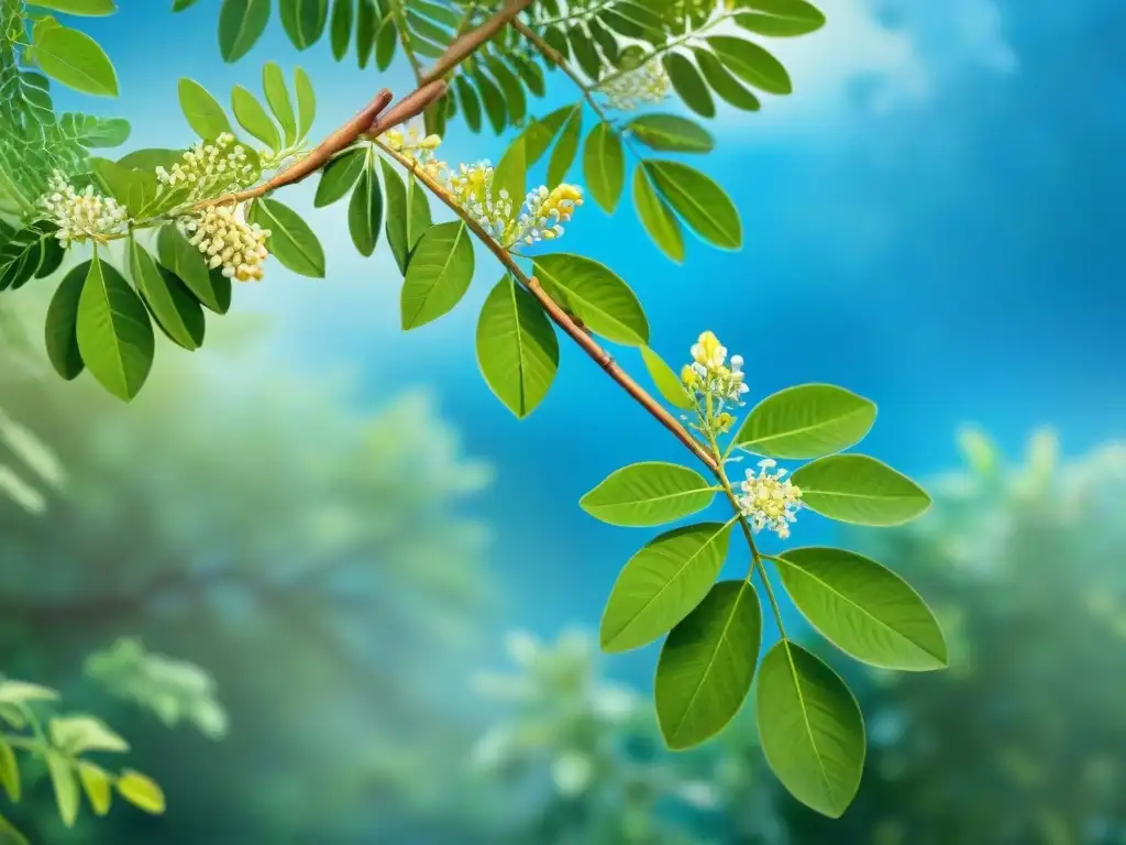 Ilustración acuarela detallada de árbol de moringa en flor Ilustración detallada de un árbol de moringa en floración, resaltando sus beneficios en snacks