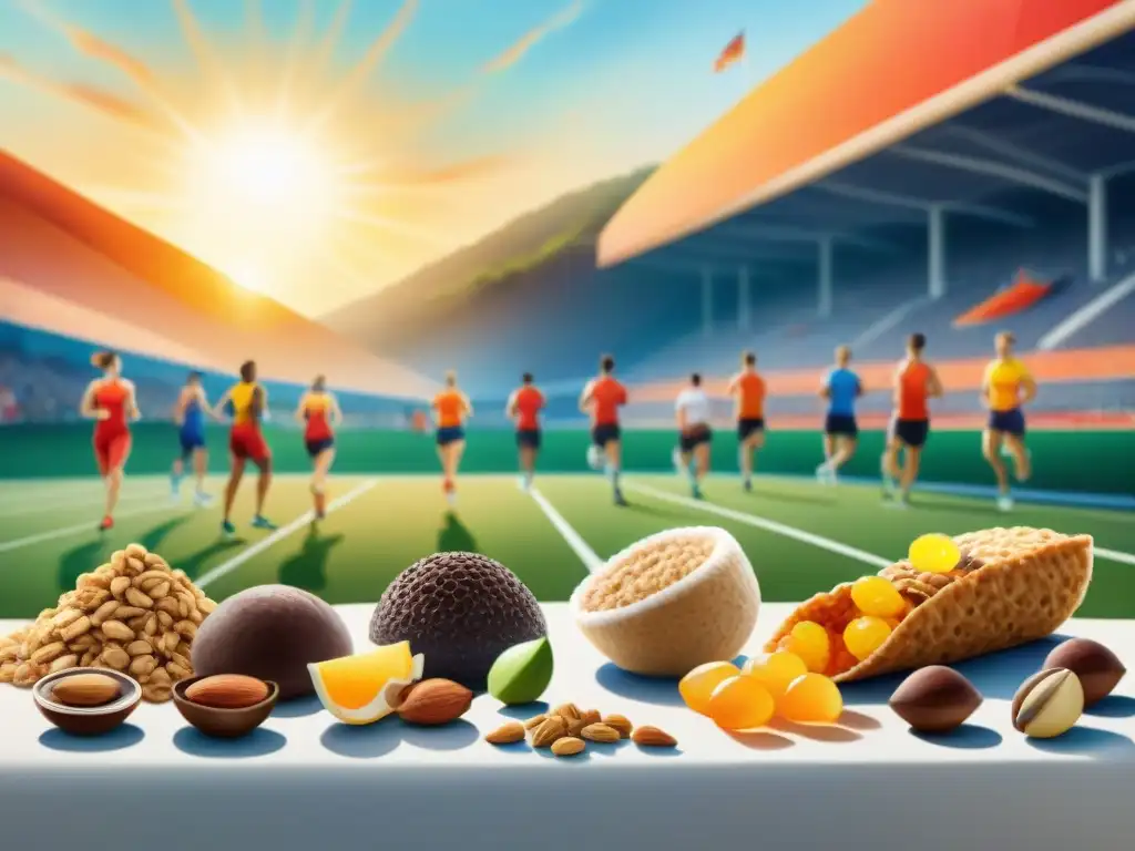 Deportistas en acción con snacks energéticos y saludables Detallada ilustración acuarela de atletas disfrutando snacks energéticos saludables cafeína, en campo deportivo vibrante al atardecer