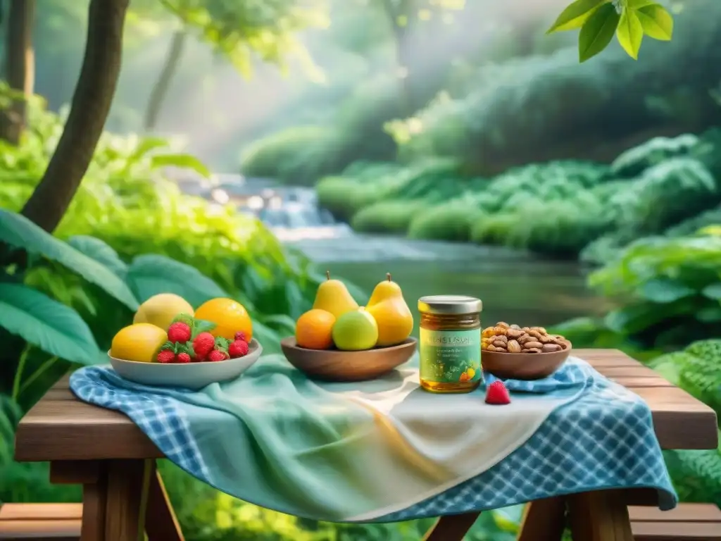 Ilustración detallada de un bosque sereno con snacks saludables y coloridas mariposas revoloteando