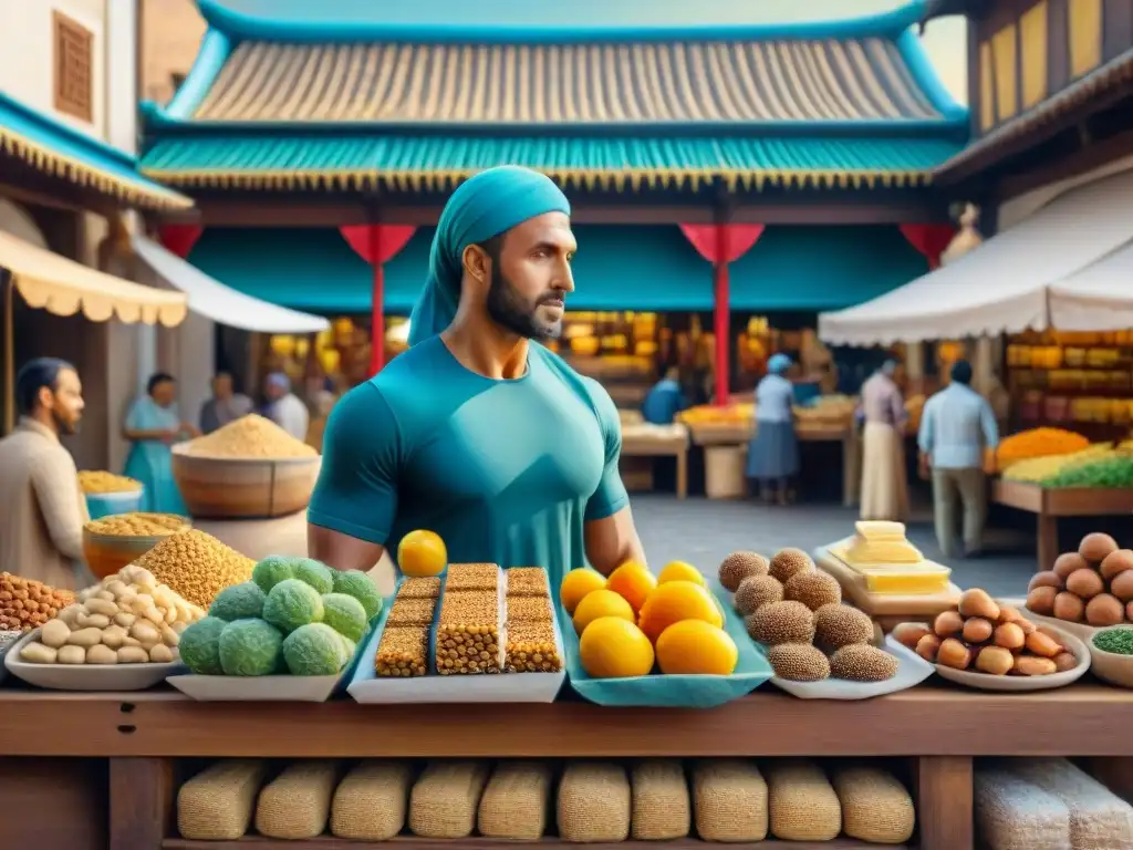 Mercado antiguo vibrante con ingredientes para barritas proteicas Ilustración detallada de un bullicioso mercado antiguo, con vendedores y productos para barras proteicas