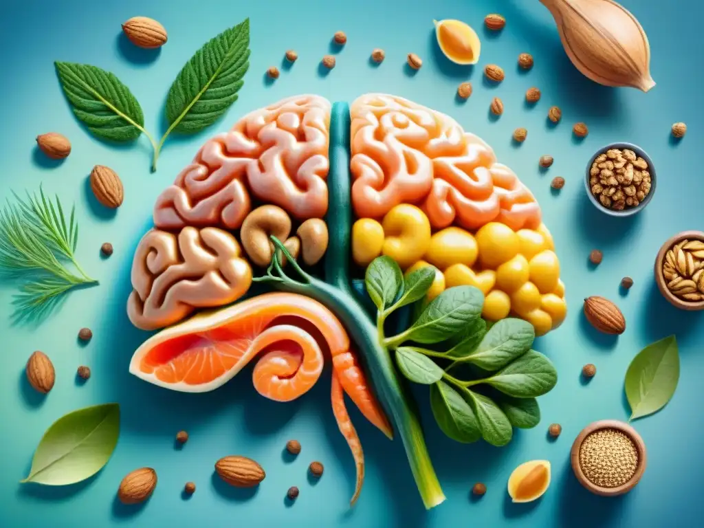 Ilustración detallada: Omega 3 nutriendo el cerebro Ilustración detallada de un cerebro humano rodeado de snacks saludables con omega 3 como nueces, semillas de lino y salmón, destacando los ácidos grasos omega 3 nutriendo y apoyando las células cerebrales