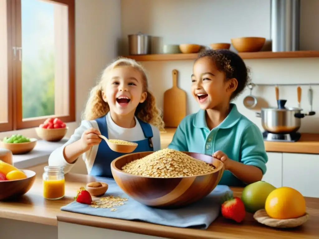 Cocina vibrante: niños felices preparando avena con frutas Ilustración detallada de cocina vibrante con niños preparando snacks saludables de avena