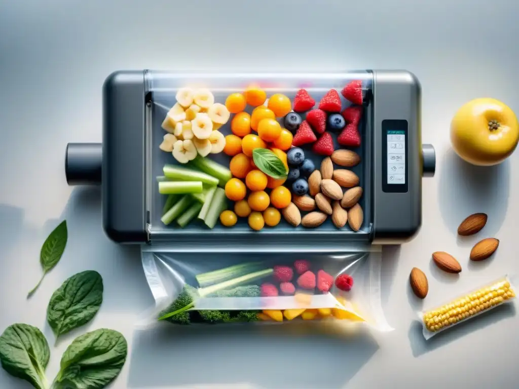 Vacuum Sealer: Conservando frescura en snacks saludables Ilustración detallada de envasado al vacío de snacks saludables en moderna máquina selladora