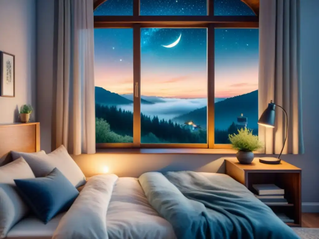 Pintura detallada de una escena nocturna serena en acuarela Ilustración detallada de una escena nocturna serena, con una habitación acogedora y una persona durmiendo pacíficamente en la cama, rodeada de elementos calmantes como una taza de té de hierbas, libros apilados y una lámpara tenue