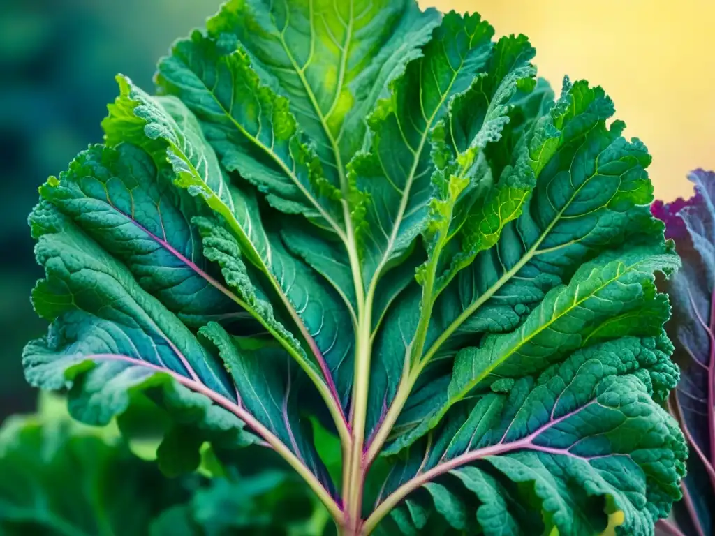 Acuarela detallada de una exuberante planta de col rizada Detallada ilustración acuarela de una exuberante planta de kale con tonos verdes, morados y azules