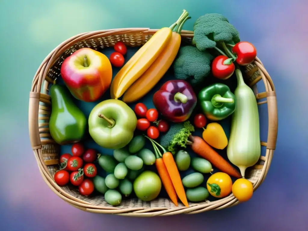 Canasta de frutas y verduras: ilustración acuarela detallada Ilustración detallada de frutas y verduras coloridas en una cesta de mimbre