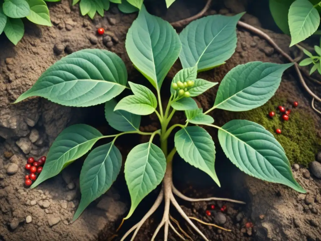Acuarela detallada de ginseng: raíces intrincadas y hojas vibrantes Detallada ilustración acuarela de planta de ginseng verde exuberante, con raíces intrincadas y hojas vibrantes