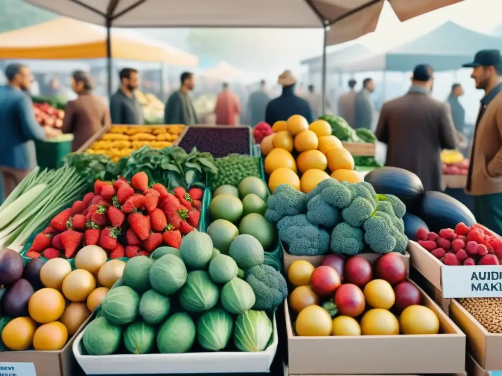 Mercado de Agricultores: Frescura y Color en Acuarela Detallada ilustración acuarela de un puesto de mercado rebosante de frutas y verduras frescas