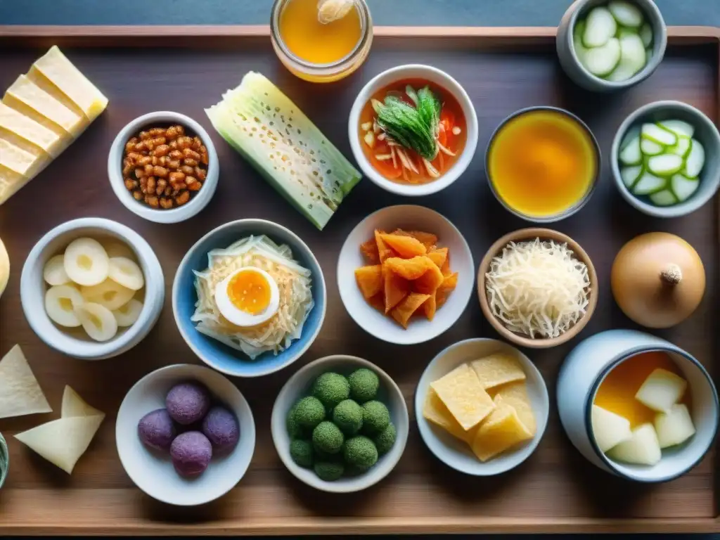 Deliciosa variedad de snacks fermentados en acuarela detallada Ilustración detallada de snacks fermentados para salud intestinal en acuarela, vibrantes y frescos en una mesa de madera