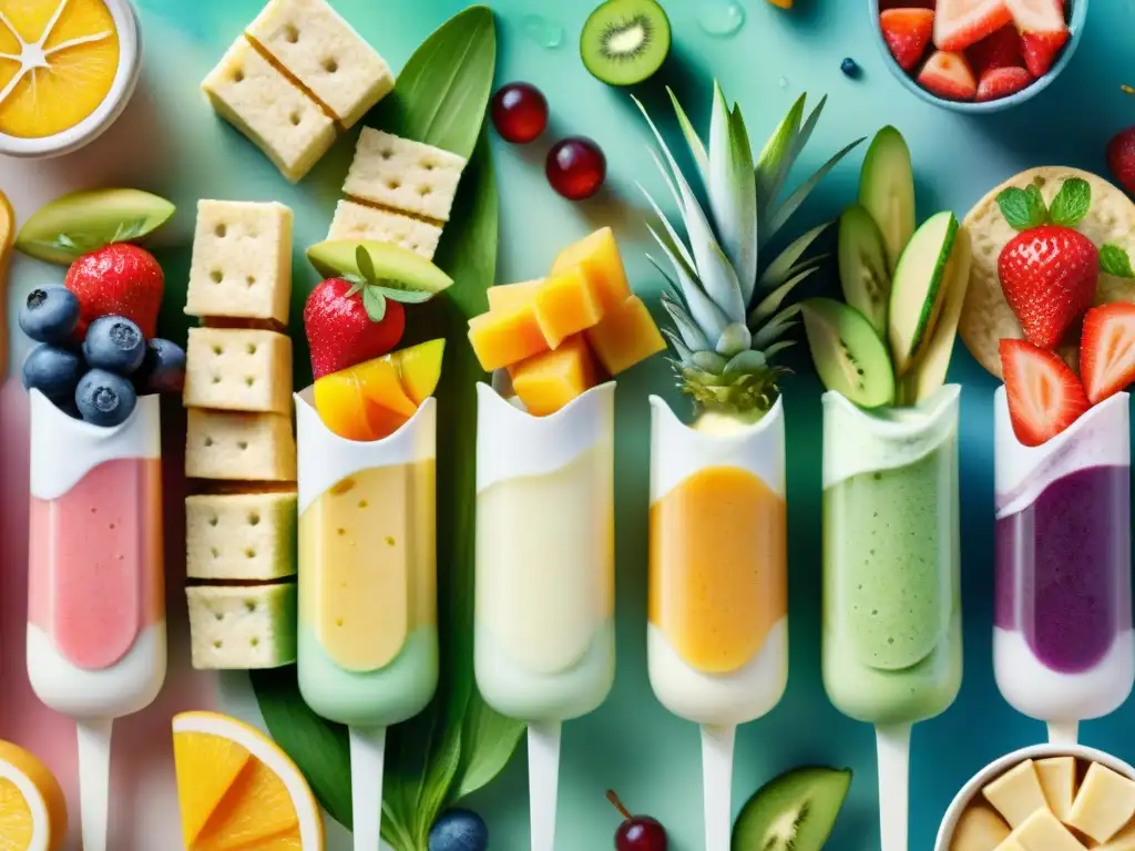 Bocaditos saludables para niños en acuarela detallada Detallada ilustración acuarela de snacks saludables para niños divertidos: frutas, yogurt, vegetales con hummus y galletas integrales con queso