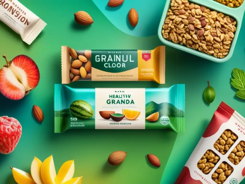 Deliciosos snacks saludables en envases ecofriendly Ilustración detallada de snacks saludables en packaging ecológico