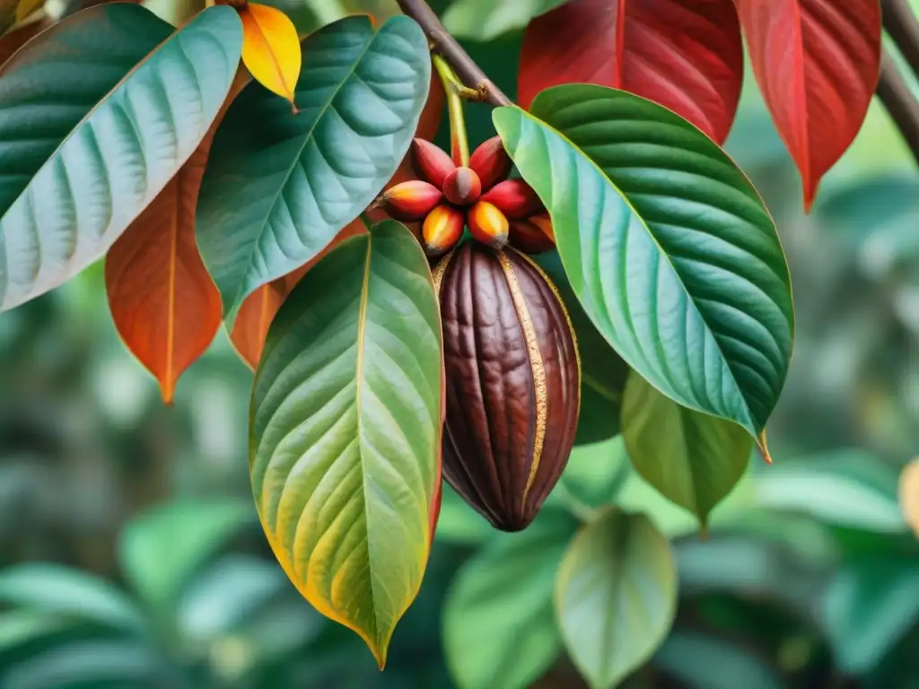 Detallada ilustración acuarela de un vibrante árbol de cacao en flor, mostrando beneficios del cacao crudo snacks