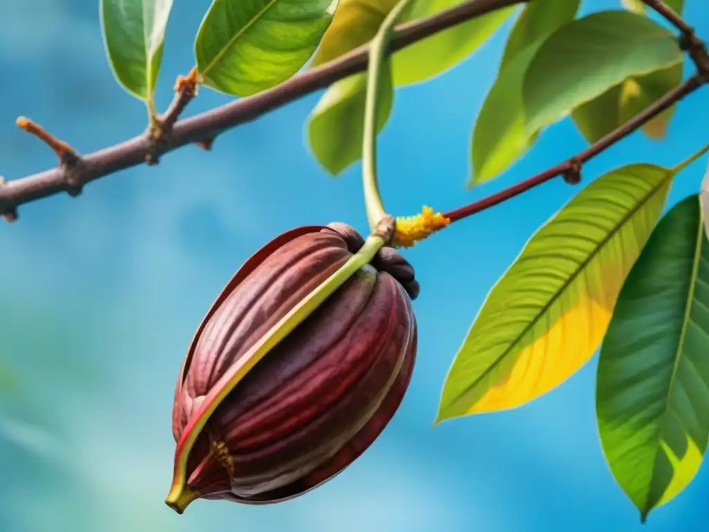 Ilustración acuarela: Cacao vibrante en árbol exuberante Detallada ilustración acuarela de un vibrante cacao colgando de un árbol, rodeado de exuberante vegetación tropical bajo un cielo azul